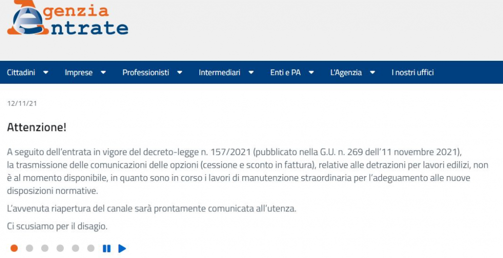 Agenzia delle Entrate: bloccato il portale per la trasmissione delle comunicazioni su cessione e sconto in fattura